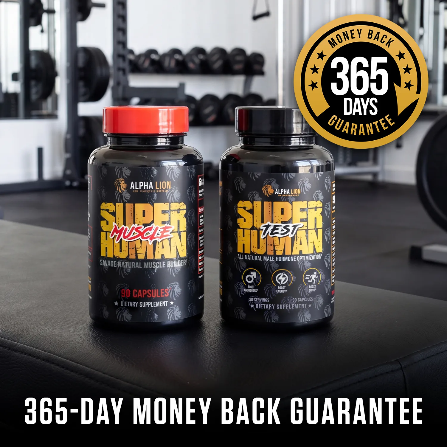 Two Super Human supplement bottles on a gym bench with a 365-day money-back guarantee seal.