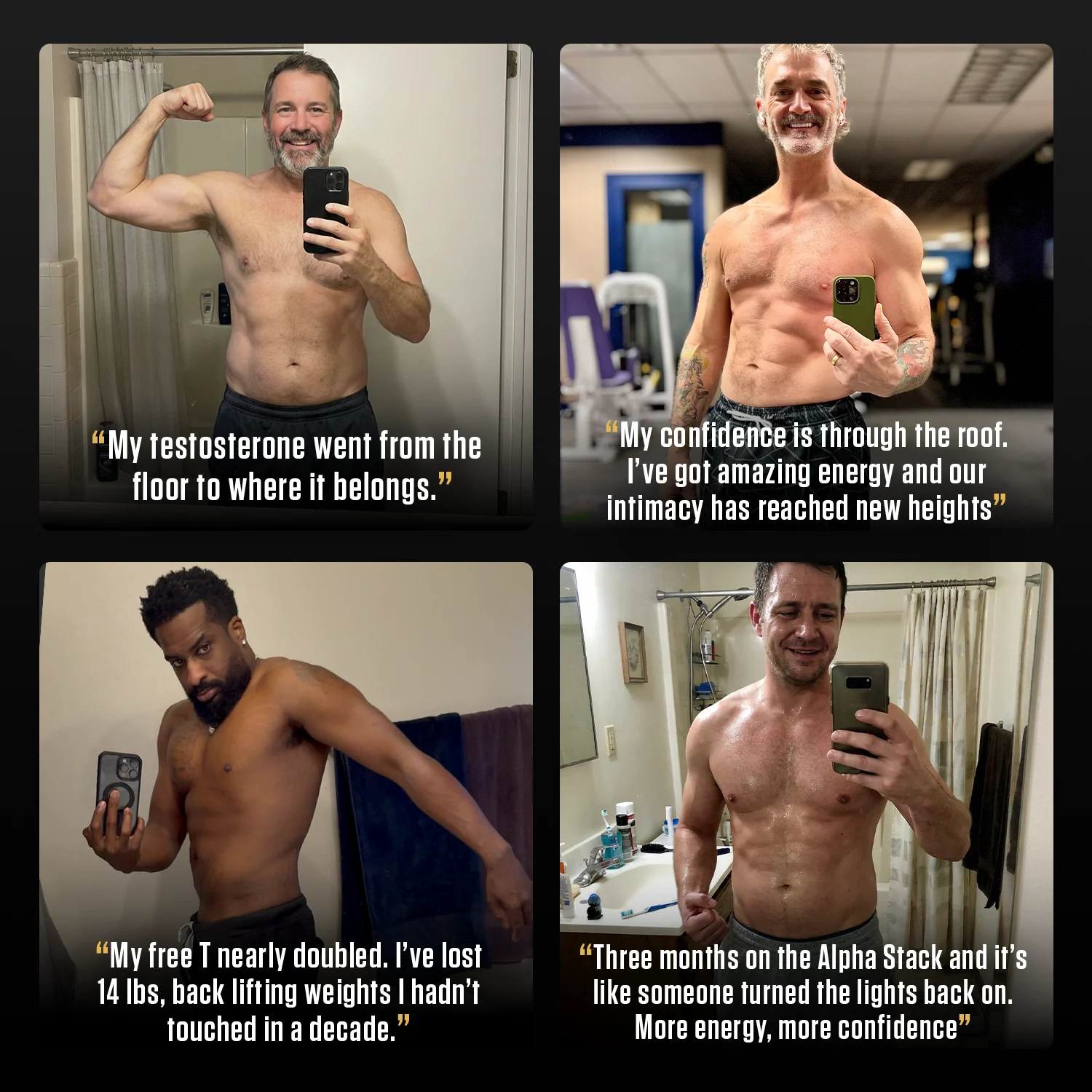 Four shirtless men taking mirror selfies, each sharing testimonials about improved energy and confidence.