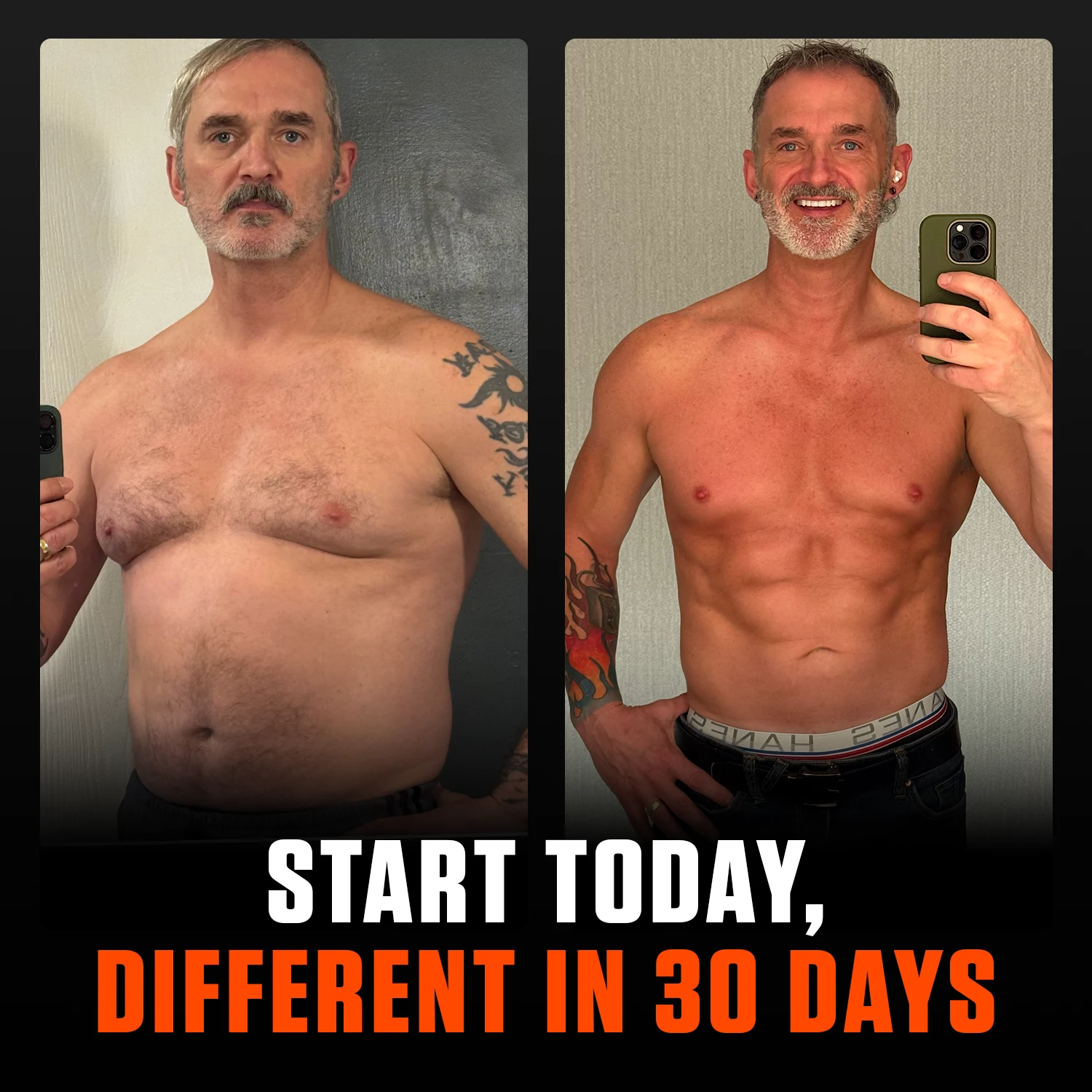 Side-by-side photos of a man before and after 30 days showing weight loss and muscle gain transformation.