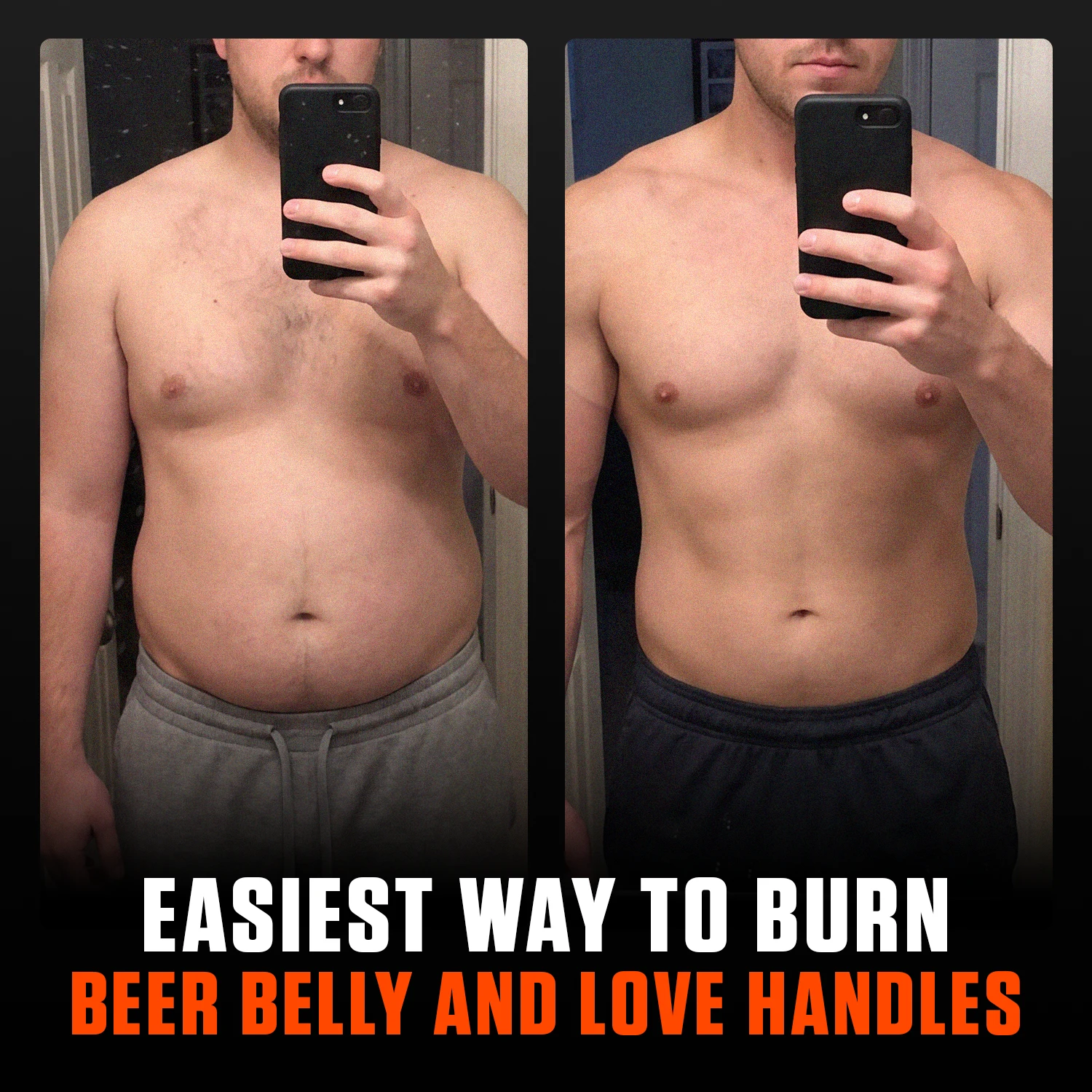 Side-by-side photos showing a man’s shirtless before and after weight loss transformation.