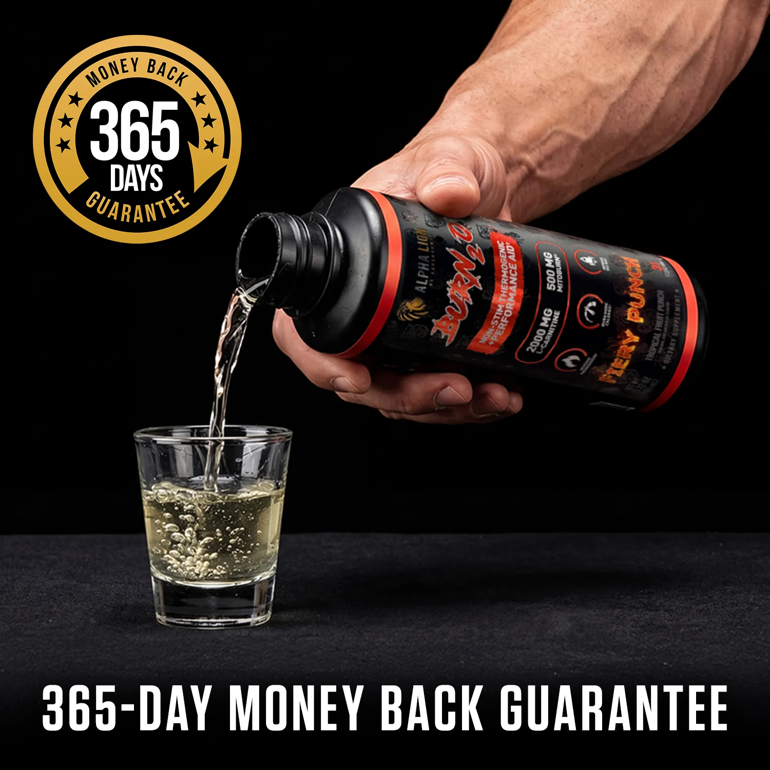 Hand pouring a clear drink from a black supplement bottle into a glass with a 365-day guarantee badge.
