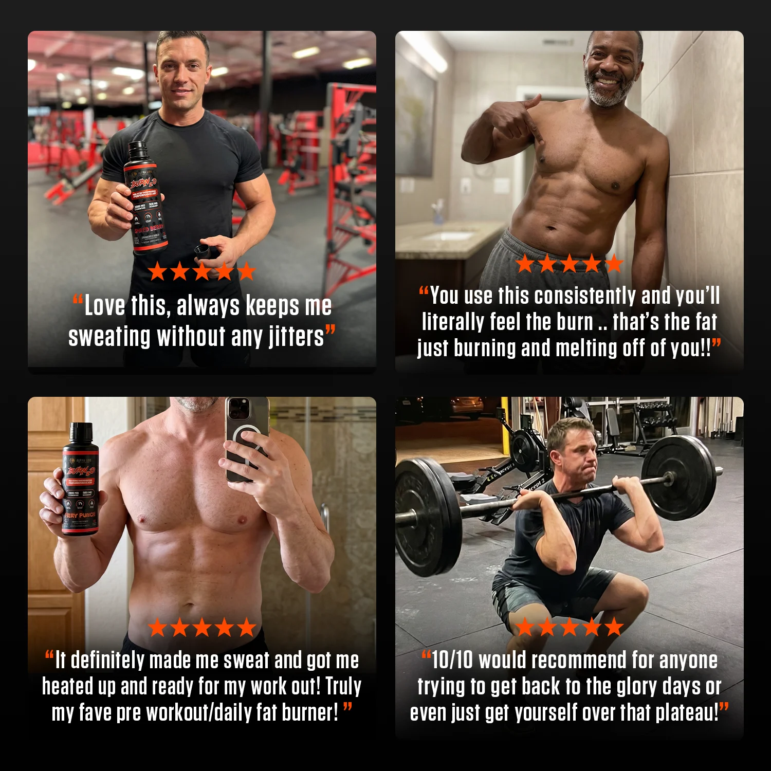 Four men showing muscle or lifting weights, holding or endorsing a fat burner supplement, with 5-star reviews.