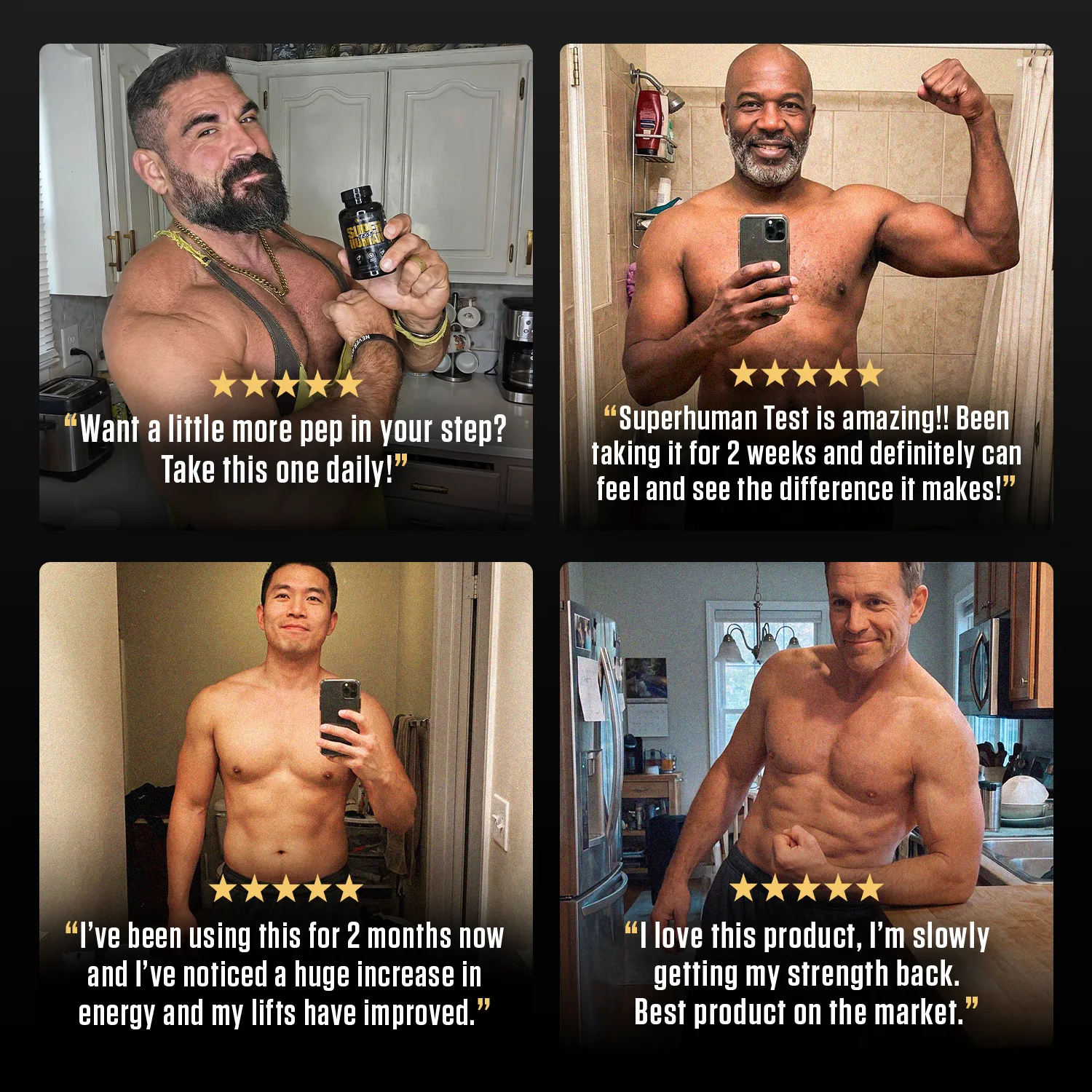 Four men showing muscular physiques with quotes praising a supplement for energy and strength gains.