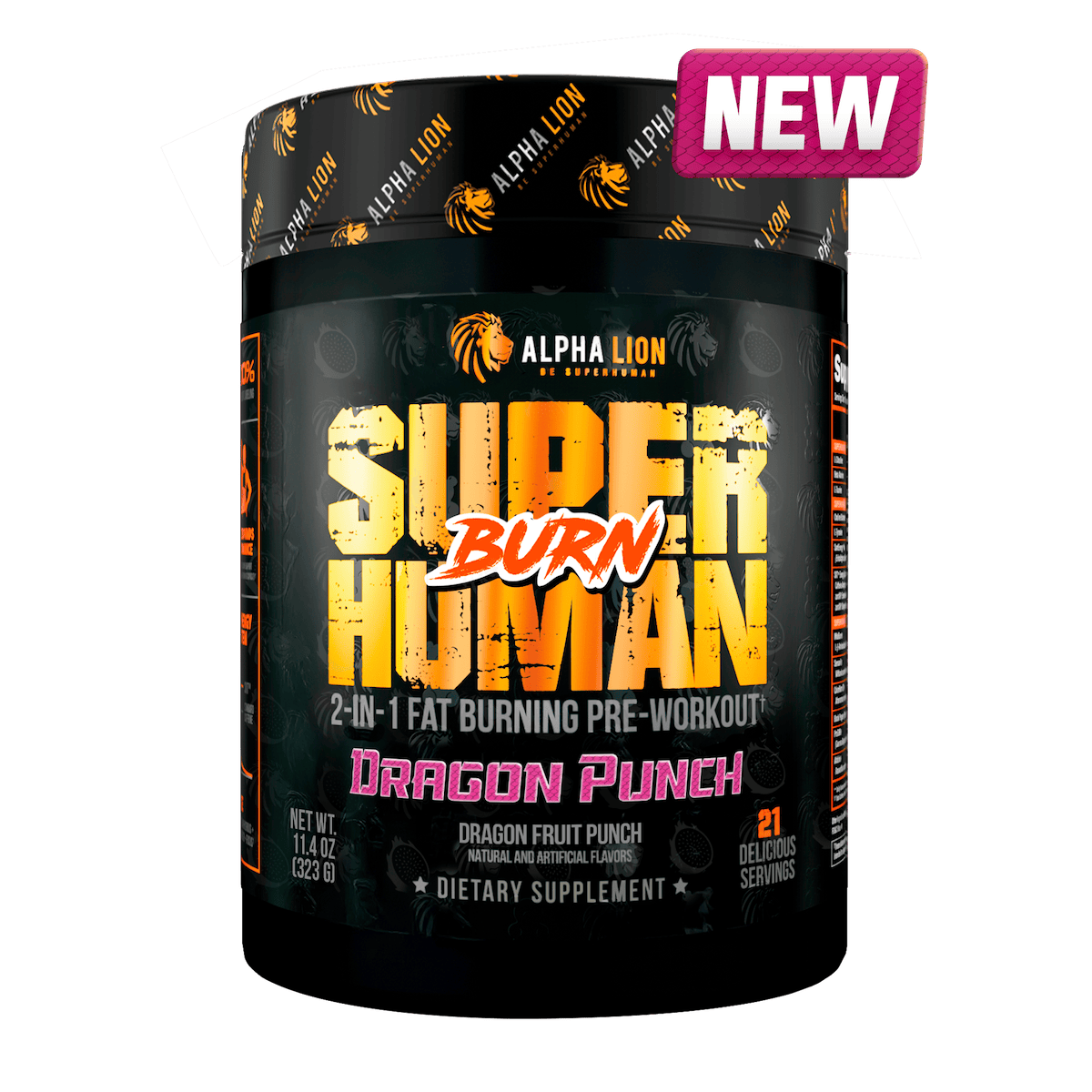 Black container of Alpha Lion Super Human Burn Dragon Punch fat burning pre-workout dietary supplement.