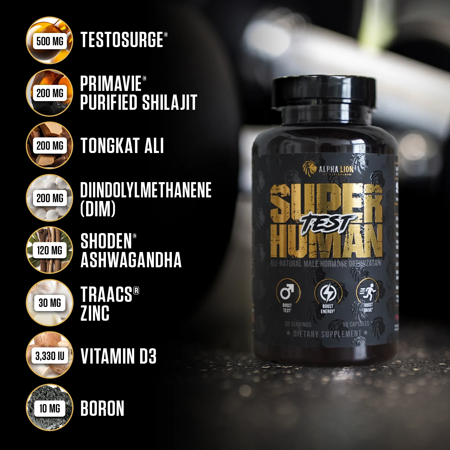 List of supplement ingredients with dosages next to Super Human Test dietary supplement bottle.