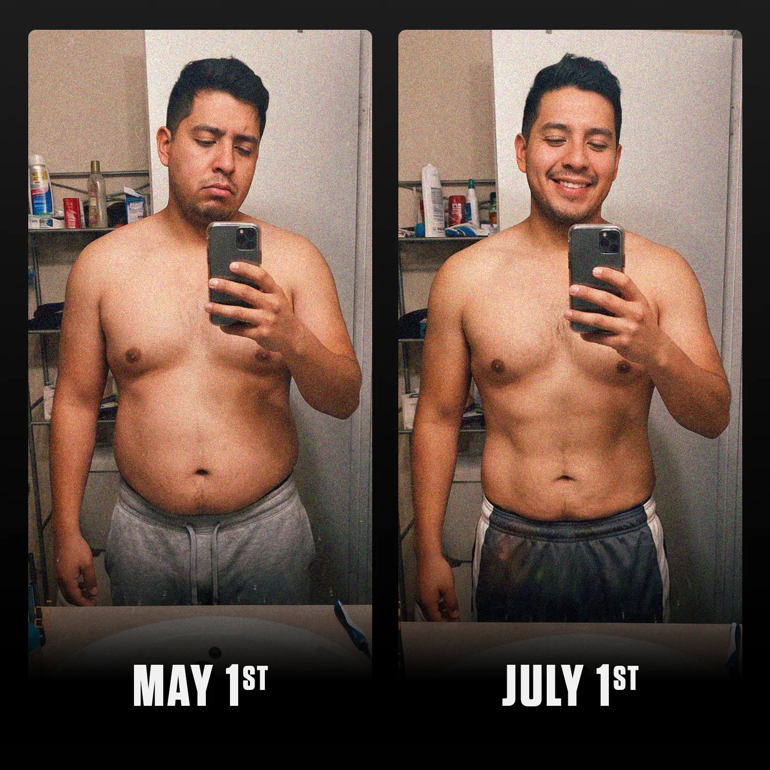 Side-by-side photos of a man May 1st with more belly fat and July 1st with a slimmer, toned torso.