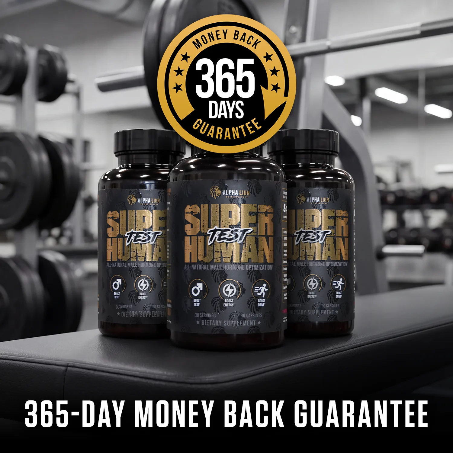 Three bottles of Super Human Test male hormone supplement with 365-day money back guarantee badge.