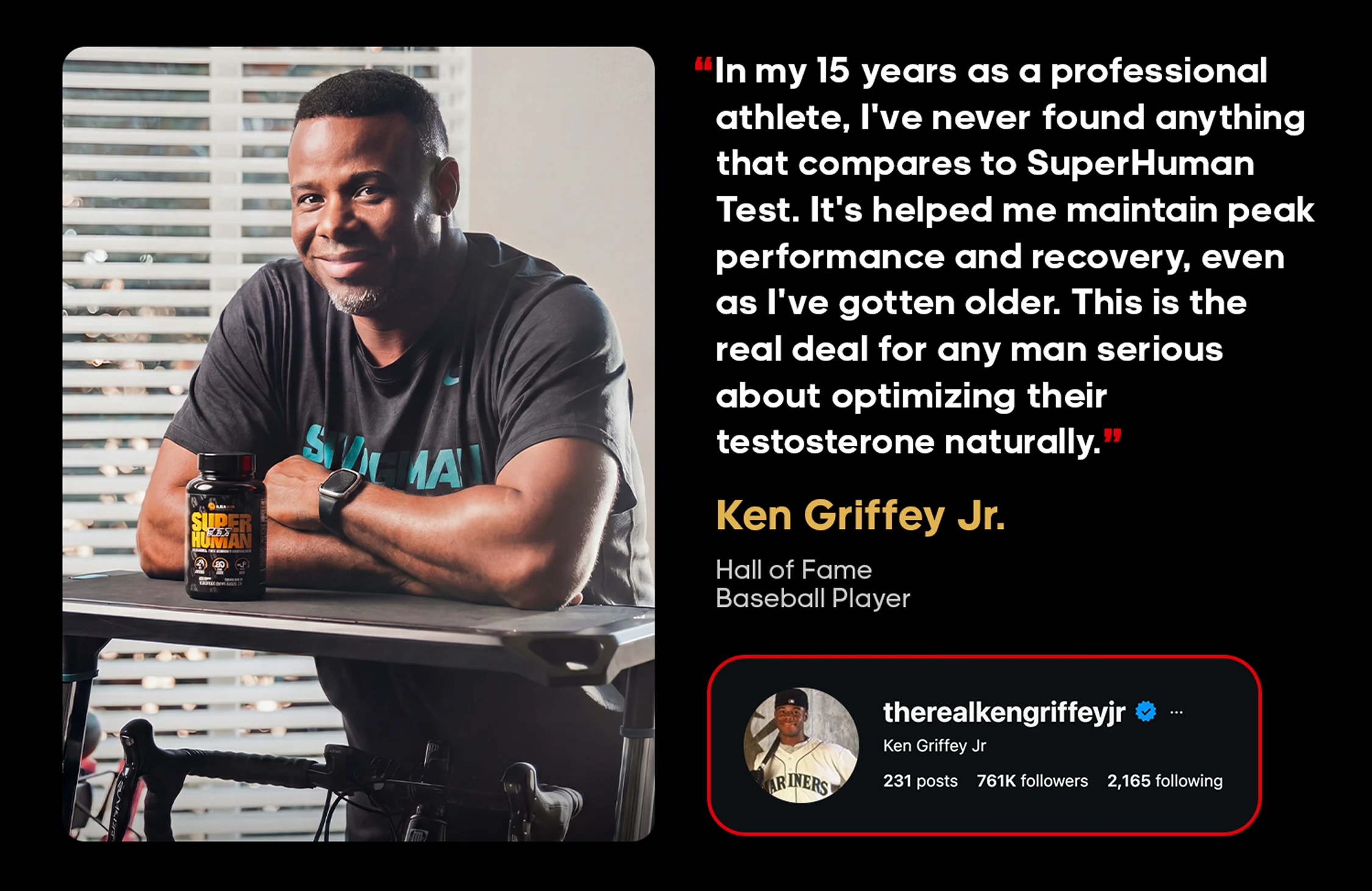 Ken Griffey Jr. at table with SuperHuman supplement bottle, endorsing product for natural testosterone.