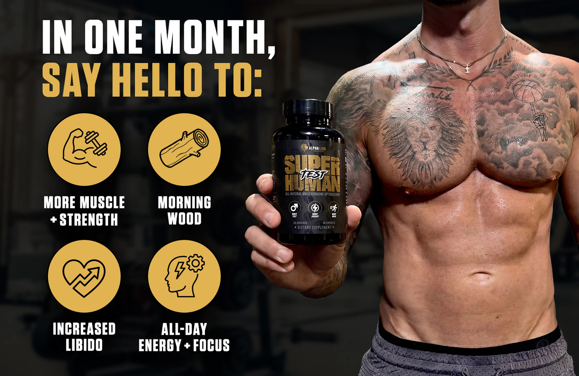 Shirtless muscular man with tattoos holding Super Human Test supplement promoting muscle, libido, and energy benefits.