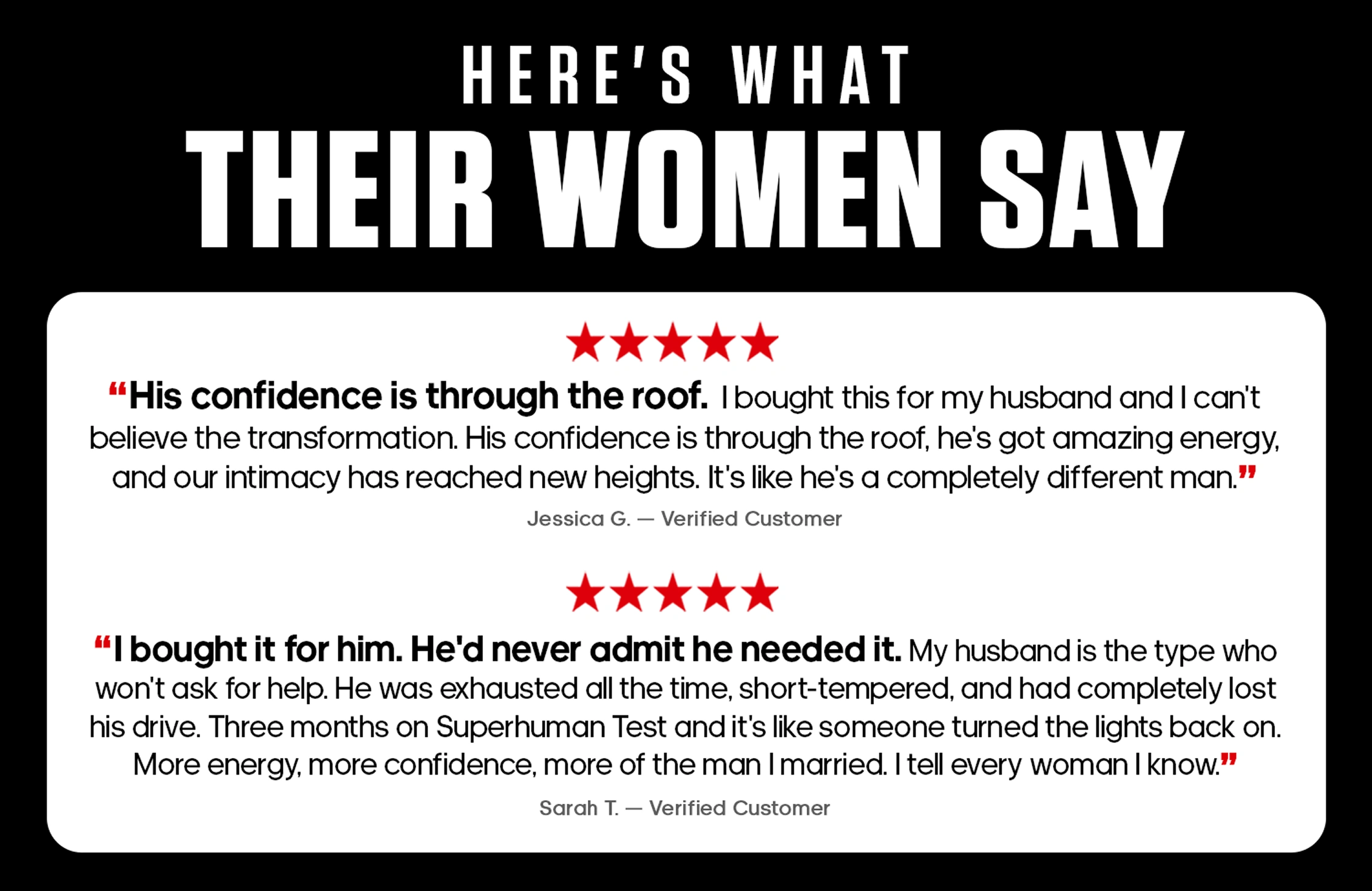 Customer testimonials praising increased confidence, energy, and transformation from using Superhuman Test.