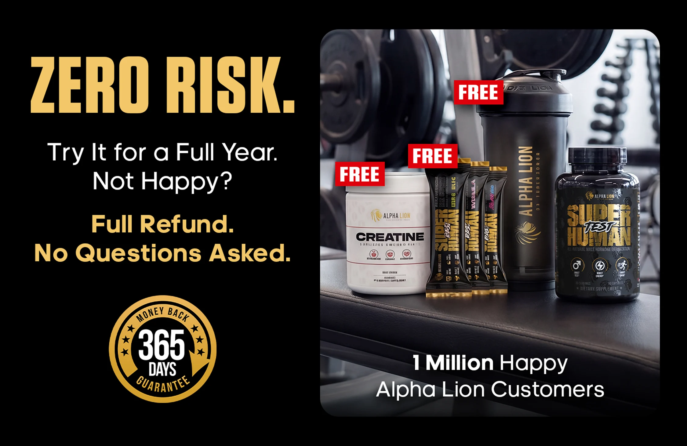 Alpha Lion supplements with free products, 365-day money-back guarantee, and 1 million happy customers.