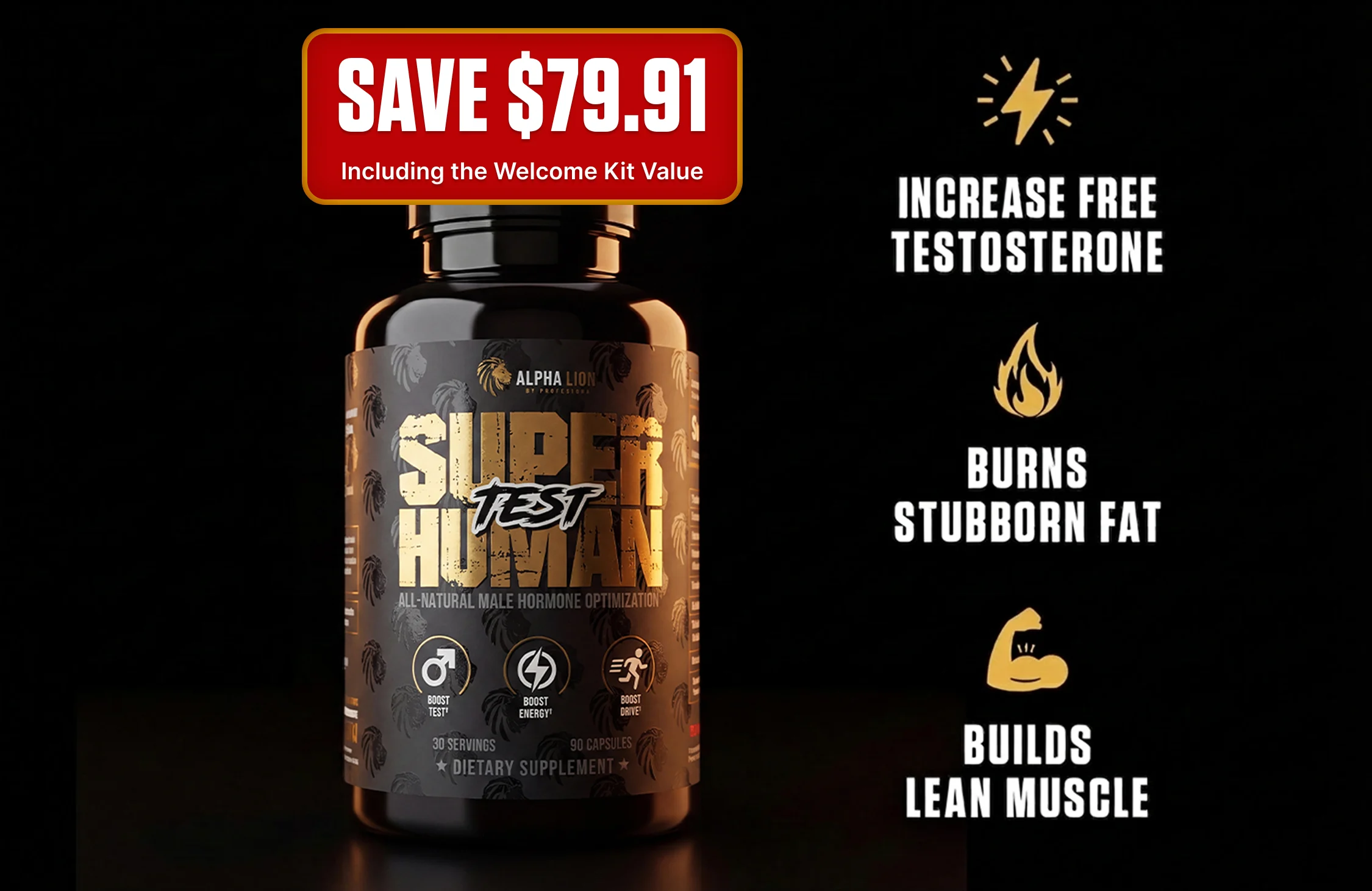 Bottle of Super Human Test supplement with claims to increase testosterone, burn fat, and build muscle.