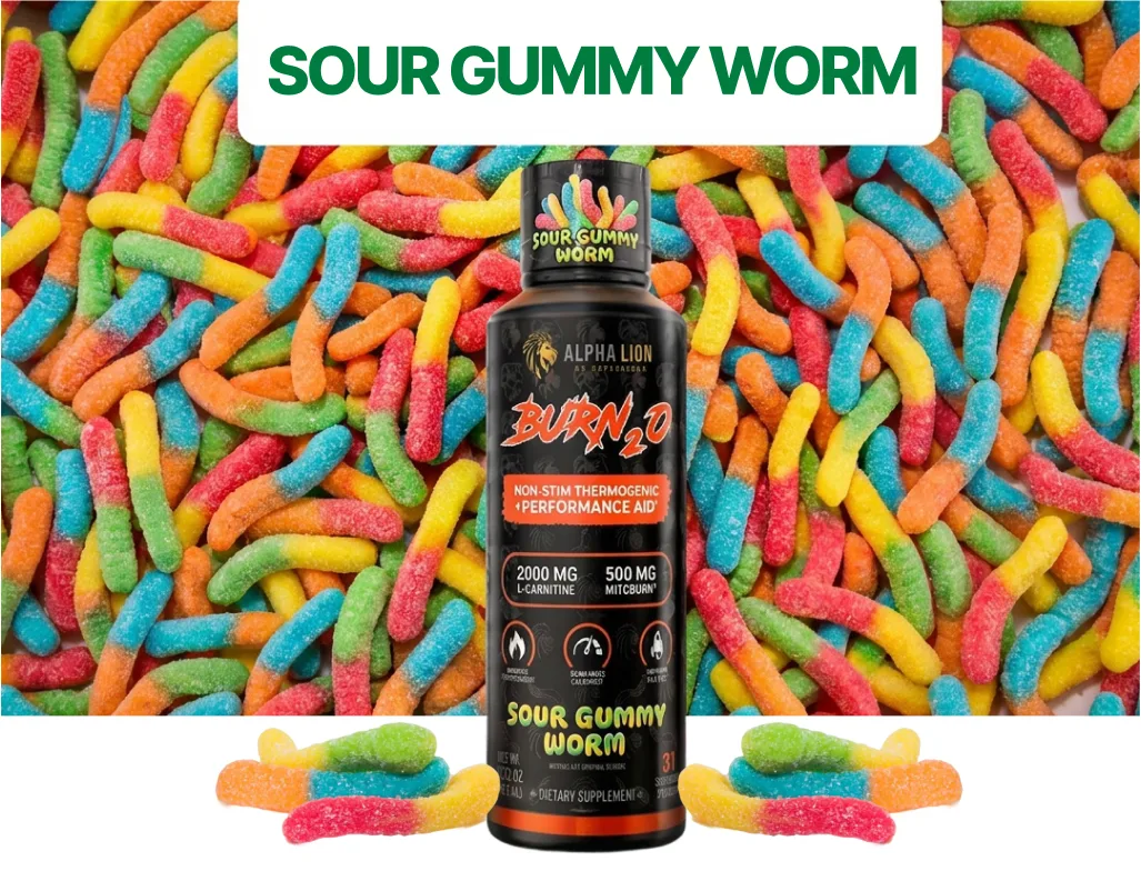 Bottle of Alpha Lion Burn 2.0 Sour Gummy Worm supplement with many colorful gummy worms background