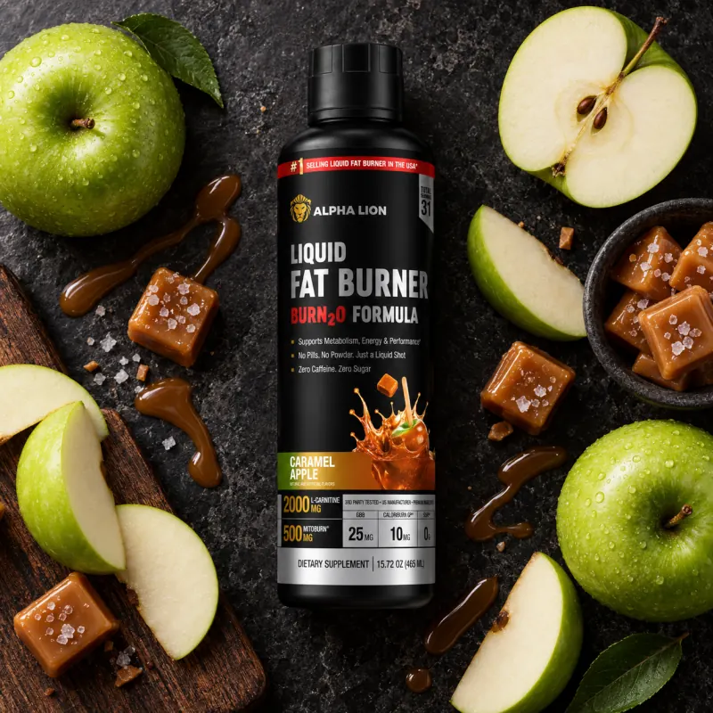 Caramel Apple Burn2O liquid fat burner bottle surrounded by green apples and caramel