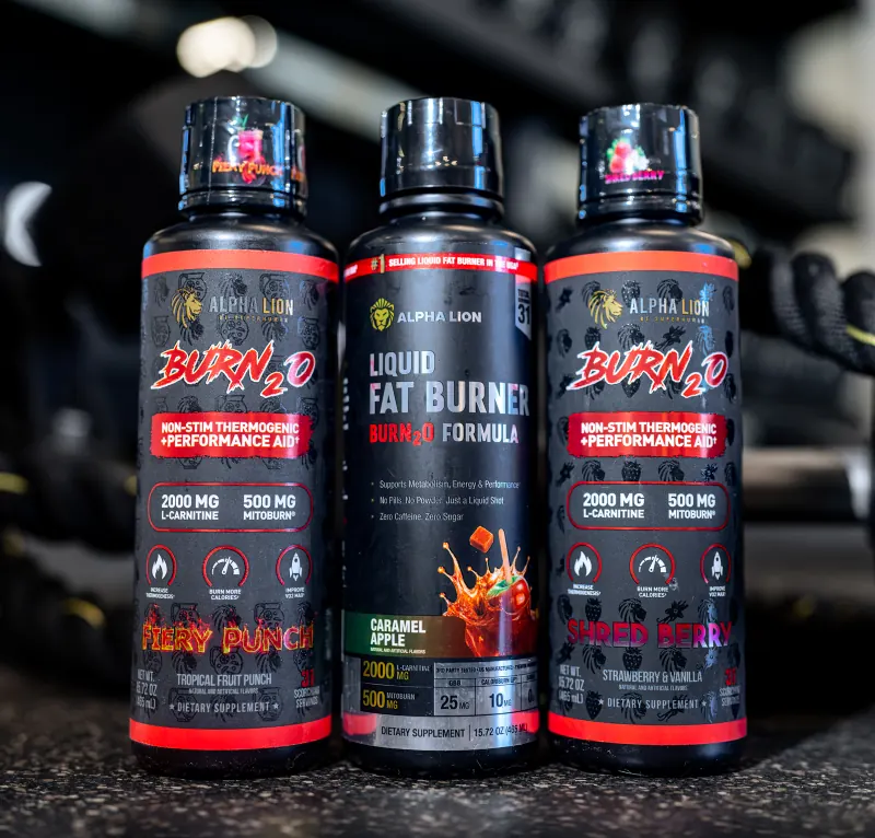 Three Burn2O liquid fat burner bottles in different flavors