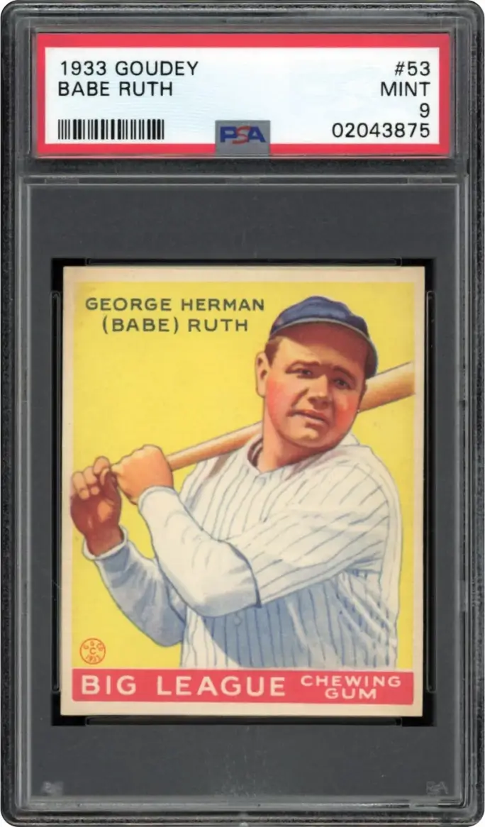 1933 Goudey Babe Ruth baseball card graded Mint 9 by PSA featuring a portrait of Babe Ruth holding a bat.