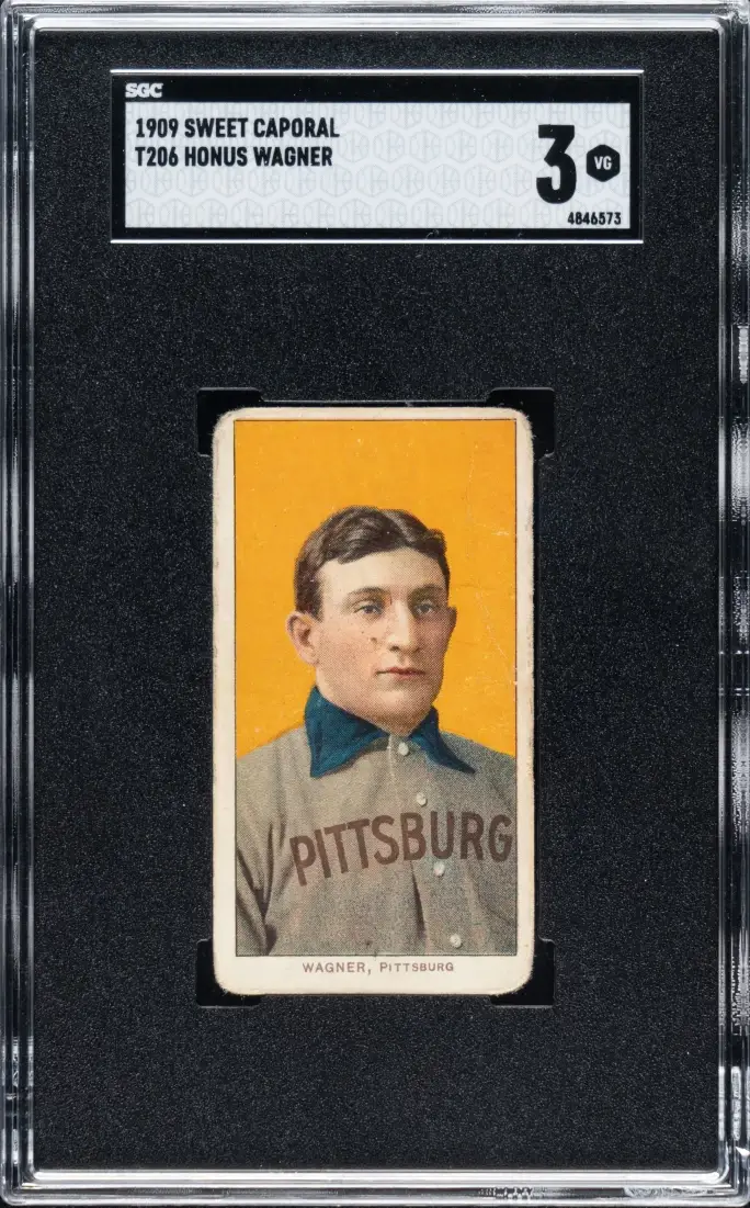 Vintage 1909 Sweet Caporal T206 Honus Wagner baseball card with player portrait in Pittsburgh uniform, graded 3 VG.