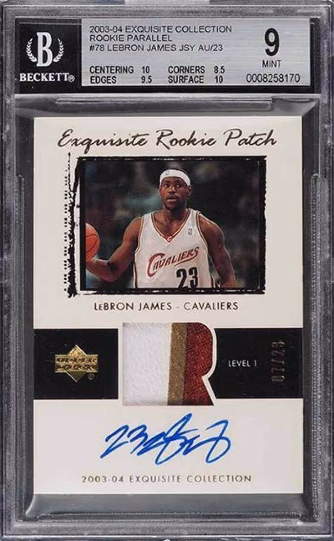 2003-04 Exquisite Collection LeBron James Cavaliers rookie patch basketball card graded Mint 9 with autograph and jersey patch.