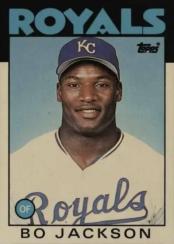 Baseball card of Bo Jackson in a Kansas City Royals uniform and cap, smiling at the camera.