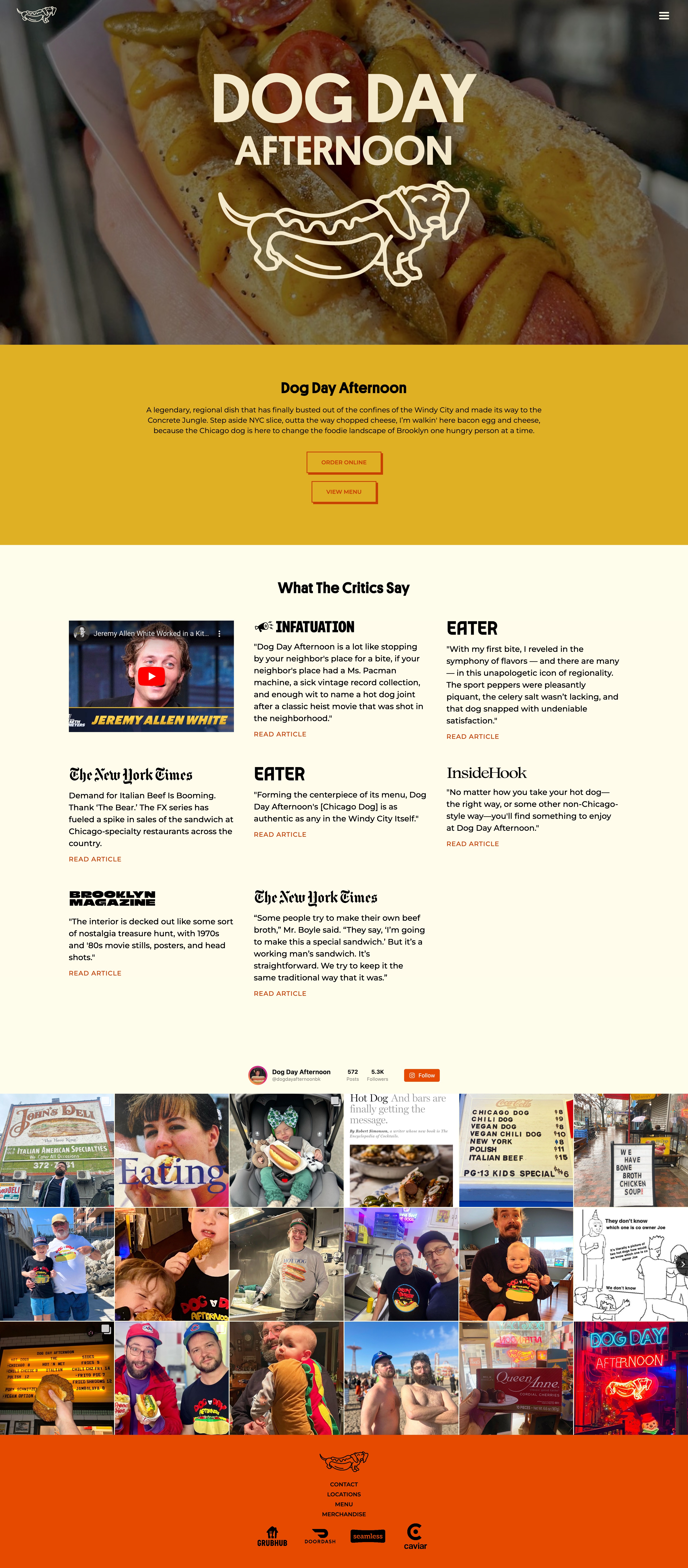 a screenshot of a webpage. hero section has the logo over and image of a hotdog. section 2 is a short description. section 3 is a review section. section 4 is 