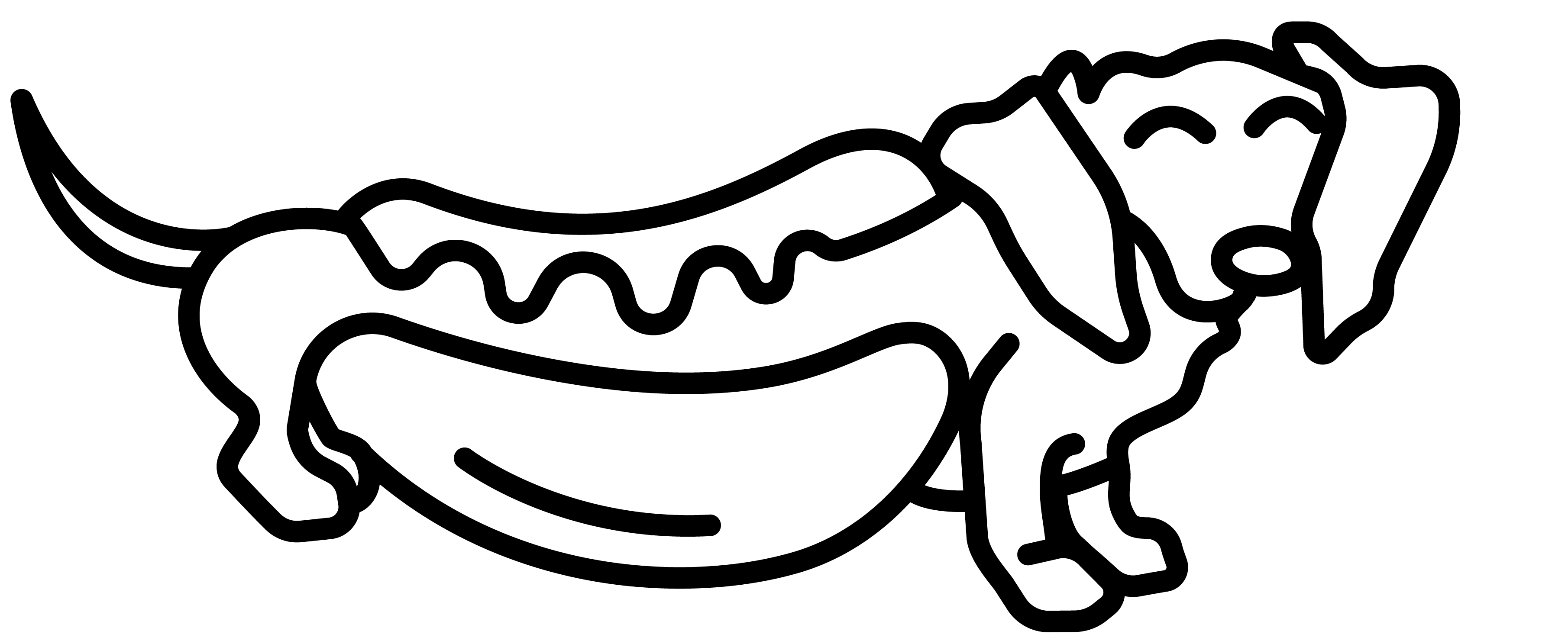 A simple black monoline drawing of a weener dog with a hot dog bun around the trunk of his body