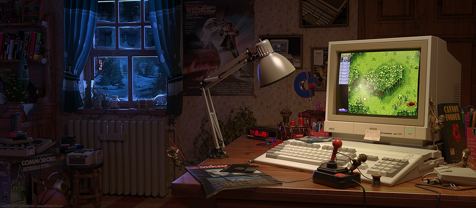 A 1990s kid's bedroom at night with a glowing Commodore Amiga, joystick and Back to the Future poster
