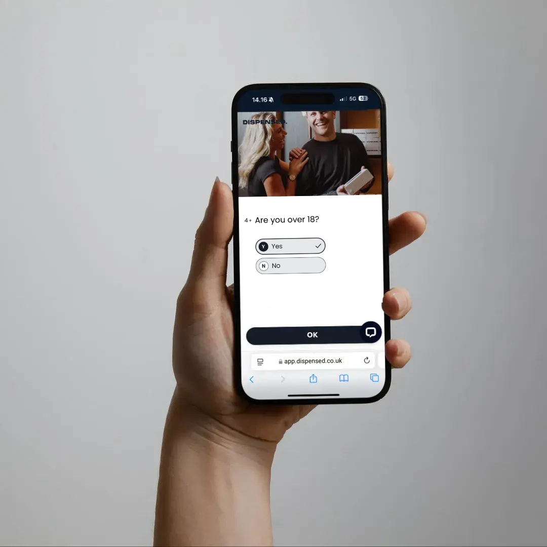 A person holding an iPhone with the Dispensed eligibility survey on the screen.