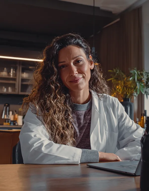 A clinician in a lab coat is sitting at their desk in front of their computer in a well lit home office environment.