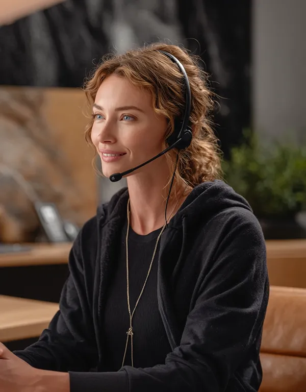A woman is sitting at their desk with a telephone headset on, they are smiling whilst looking as though they are serving a customer.