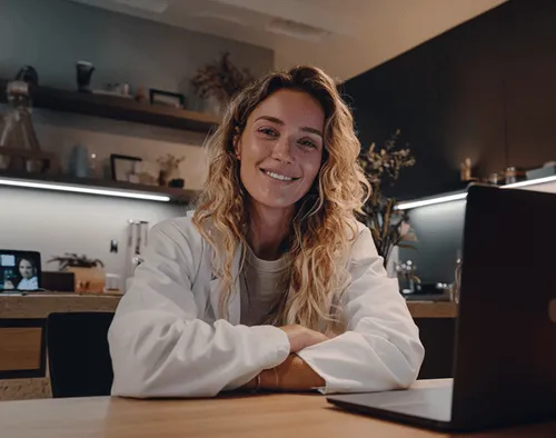 A relaxed woman is sitting at her kitchen table in front of a laptop, smiling at the camera.