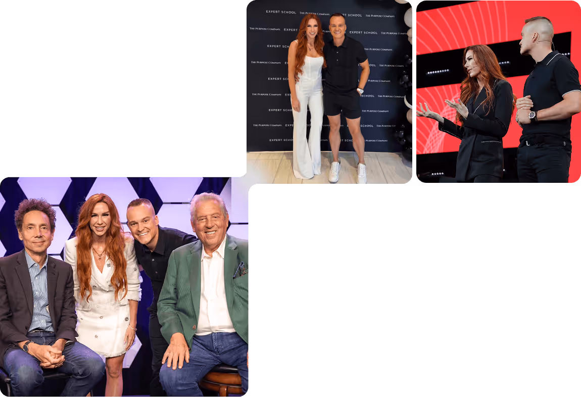 Four people posing together in a professional event setting, including two men seated and a man and woman standing and smiling.