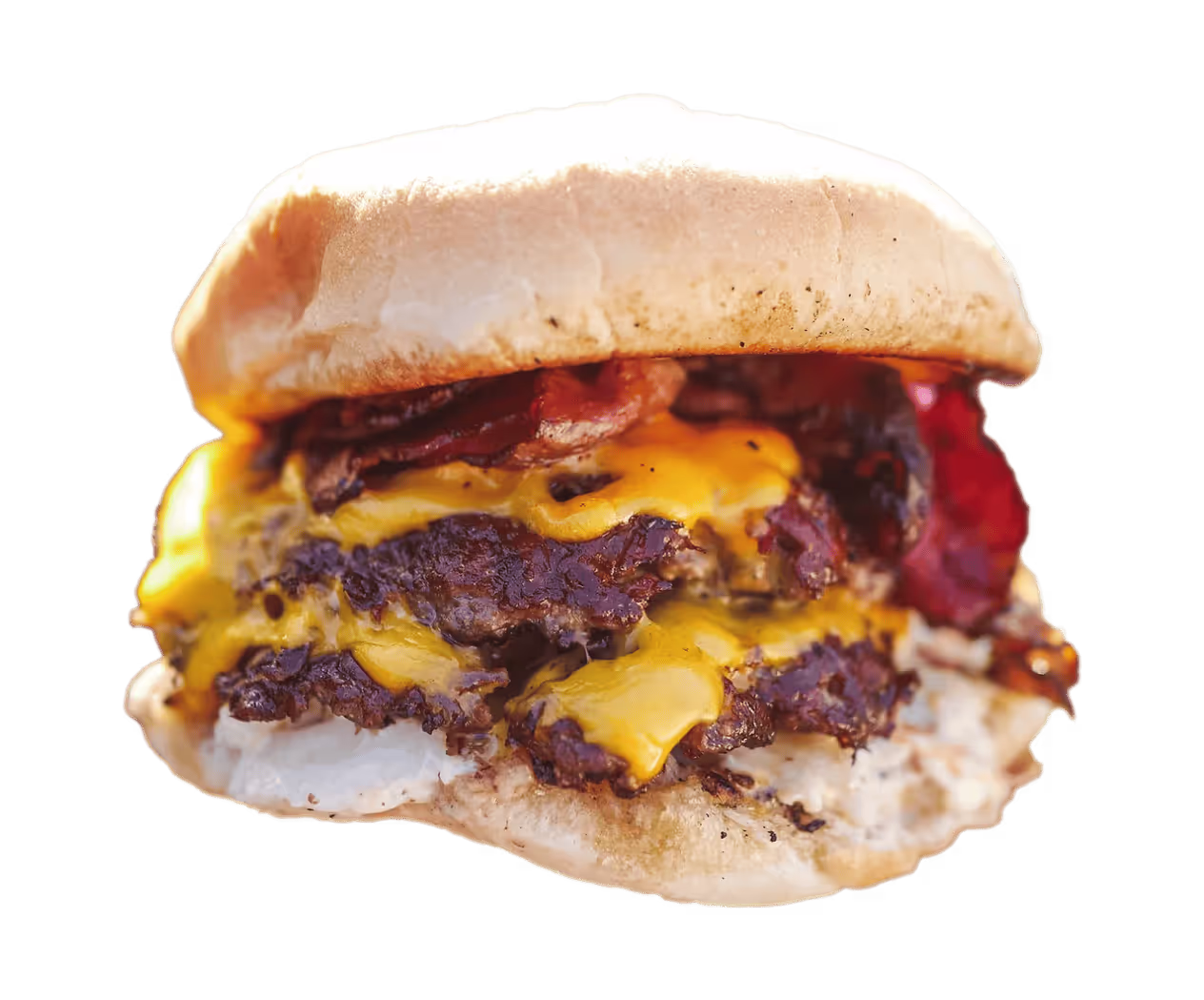 AMERICANA, The OG. Grass-fed double smash-burger with cheese, fresh pickles, and house-made award-winning garlic mustard aioli