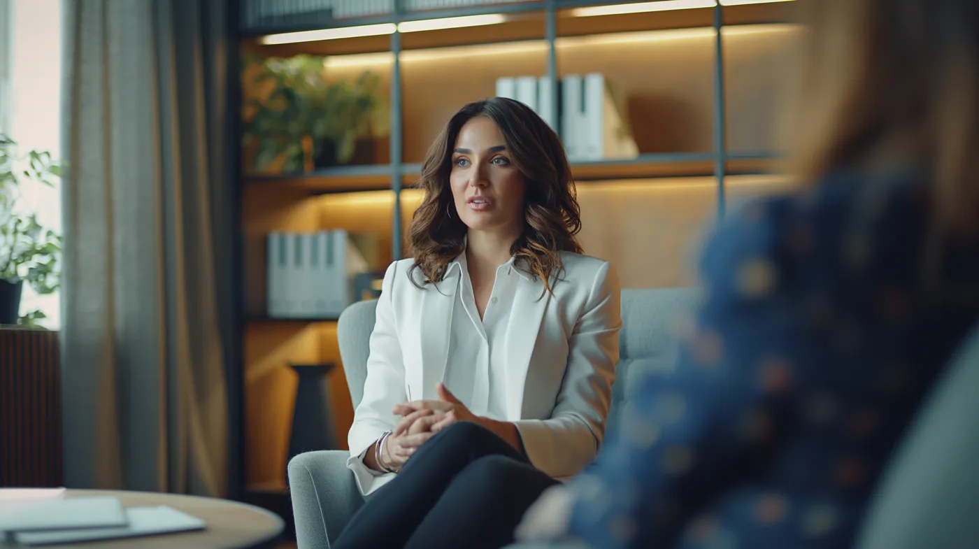 Woman in white blazer sitting in armchair discussing with someone in a cozy office setting.
