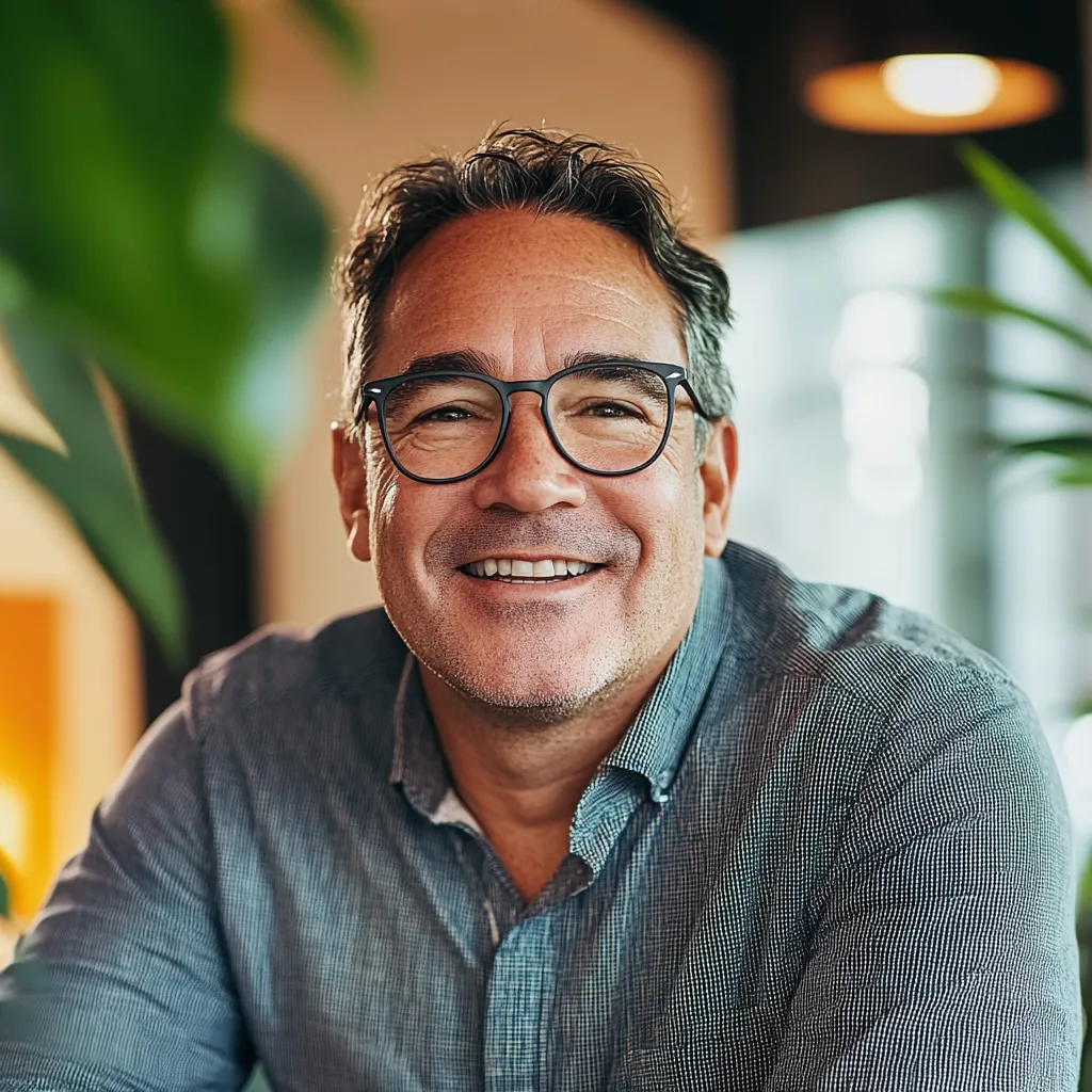Smiling middle-aged man with glasses in a blue shirt sitting indoors with plants and warm lighting.