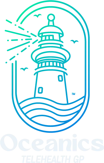 Outlined lighthouse with beams, waves, and birds inside an oval frame.