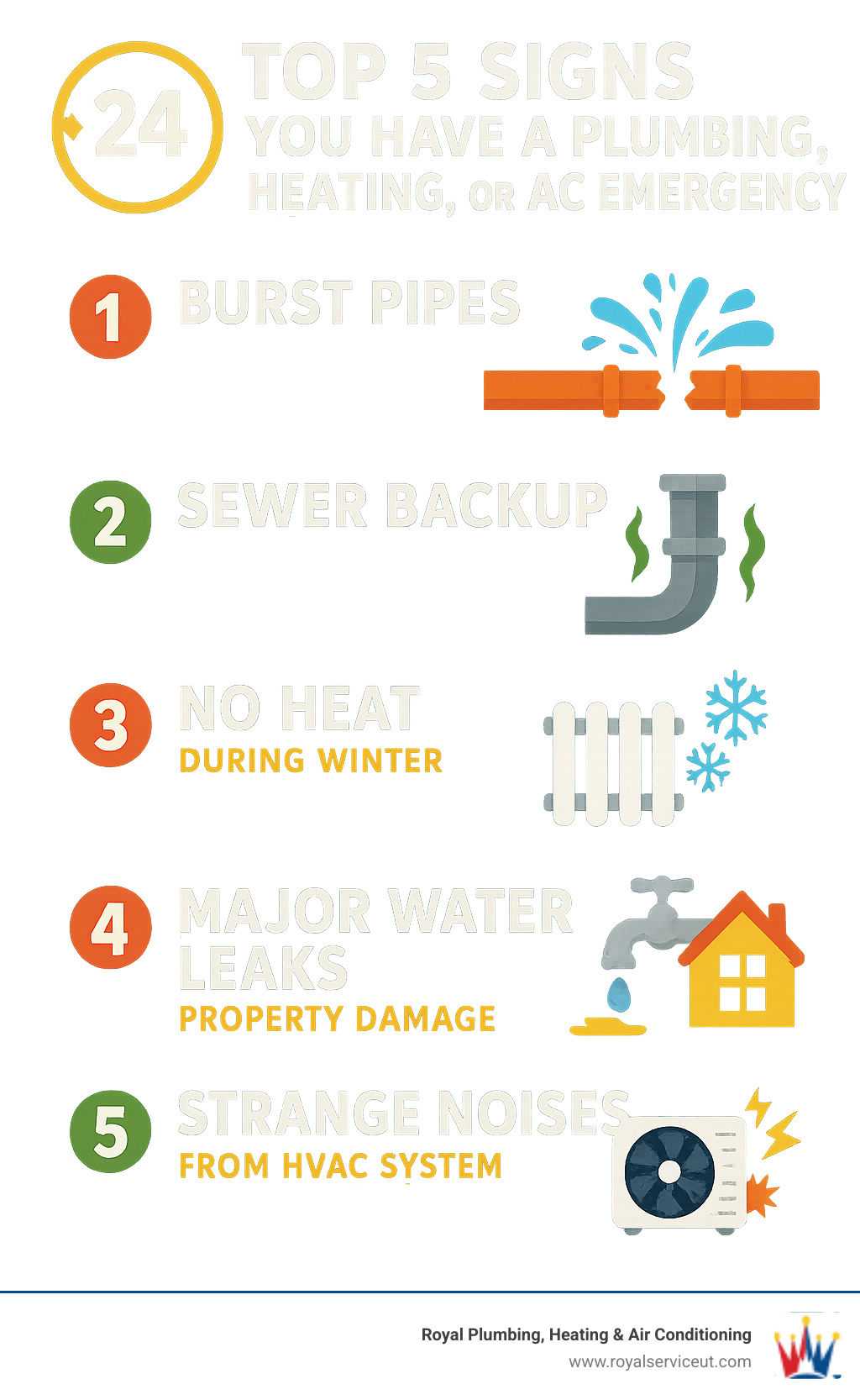 Infographic showing the top 5 signs you have a plumbing, heating, or AC emergency: burst pipes with water spraying, sewer backup with foul odors, no heat during winter with frozen pipes, major water leaks causing property damage, and HVAC system making strange noises or sparking - plumber 24 hours near me infographic 