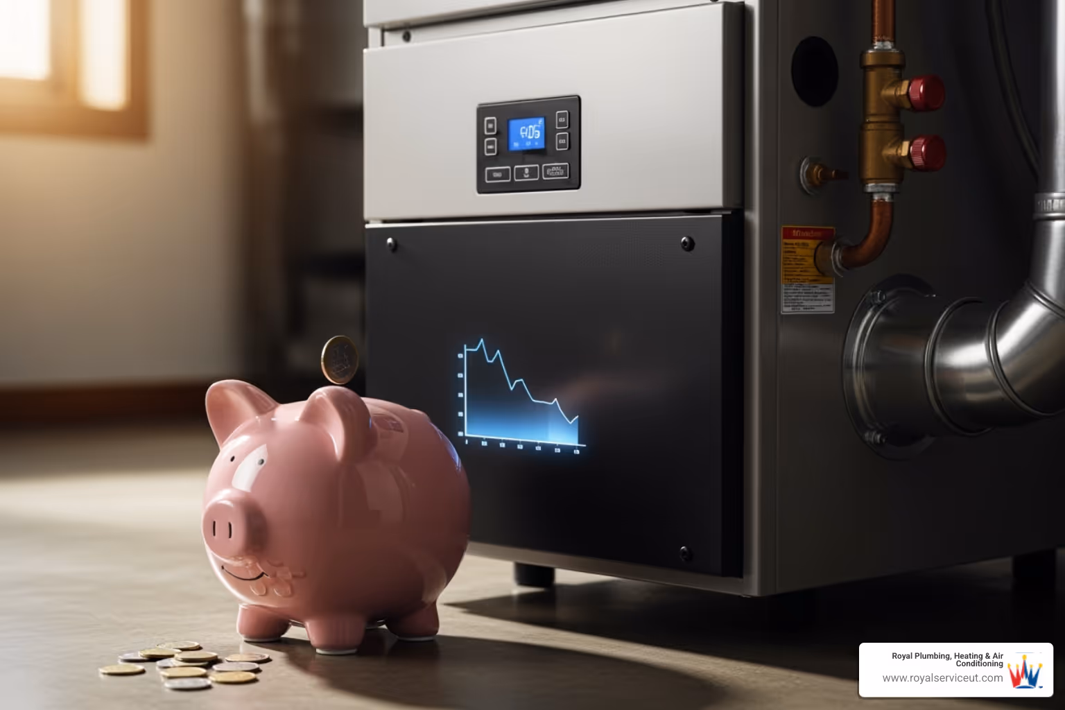 A piggy bank next to a furnace, symbolizing the cost and savings associated with heating services. - heating service near me
