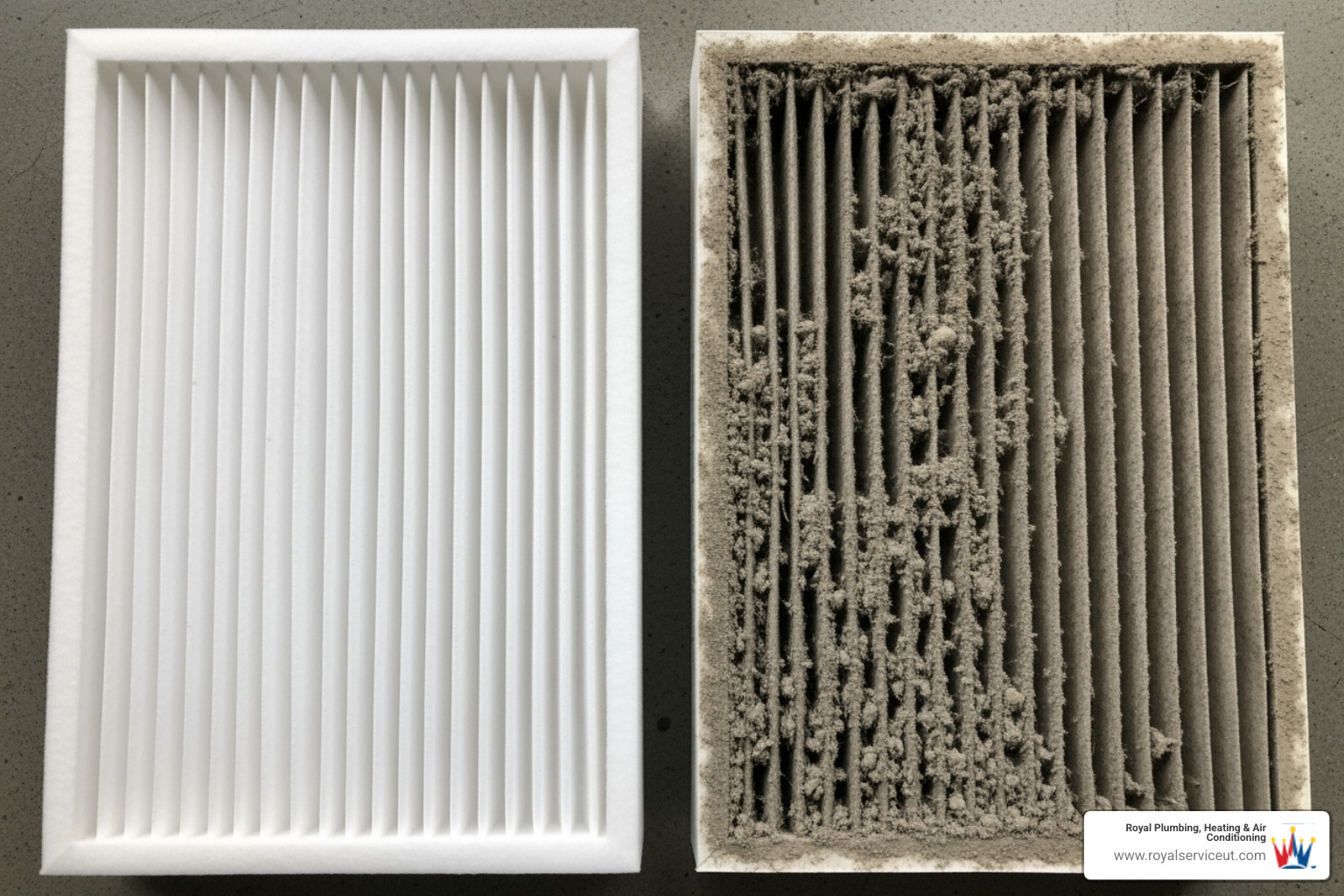 A clean furnace filter next to a dirty one, illustrating the difference and importance of regular filter changes. - heating service near me