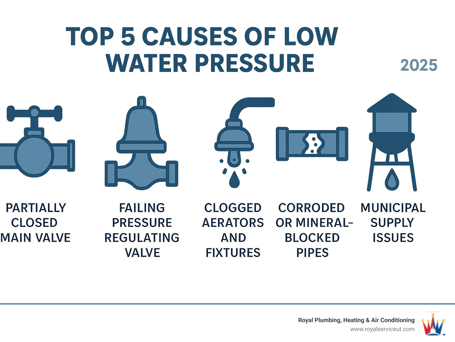 Infographic showing the top 5 causes of low water pressure: partially closed main valve, failing pressure regulating valve, clogged aerators and fixtures, corroded or mineral-blocked pipes, and municipal supply issues - low water pressure infographic 