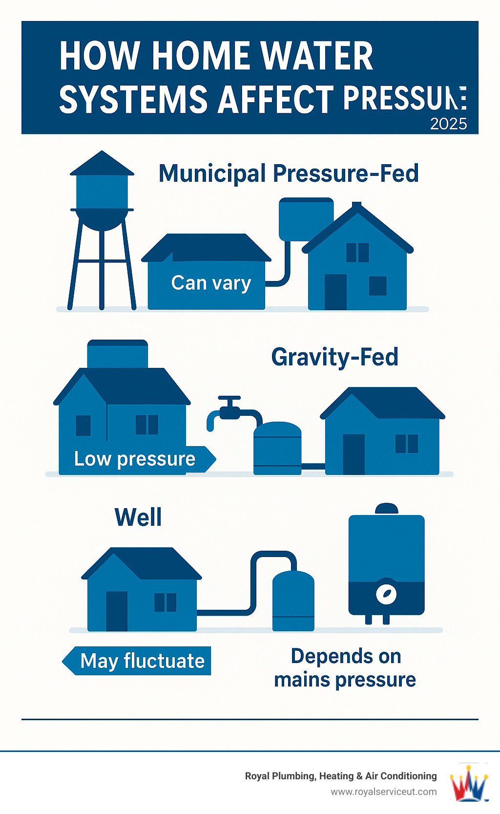 Infographic showing different home water systems and how they affect pressure - low water pressure infographic 