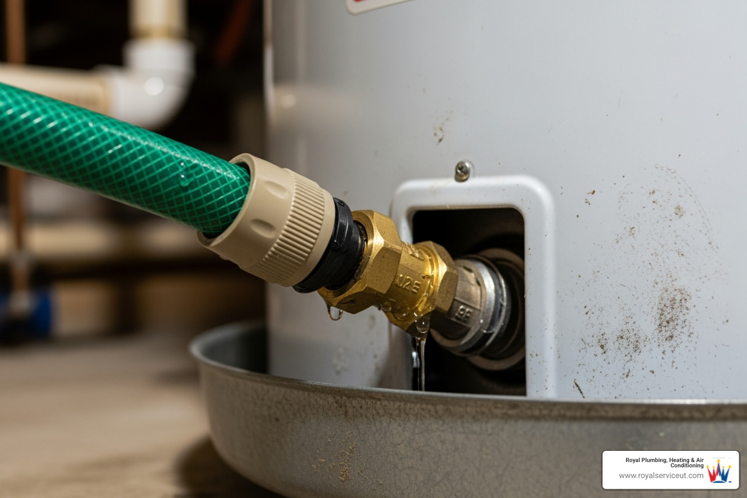 A garden hose correctly attached to the water heater's drain valve, ready for draining - water heater flush