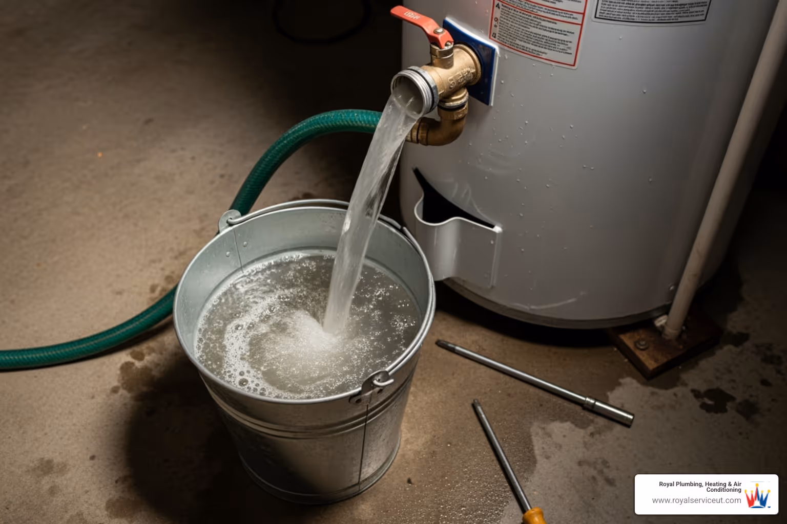 Cloudy, sediment-filled water being drained into a bucket from a water heater - water heater flush