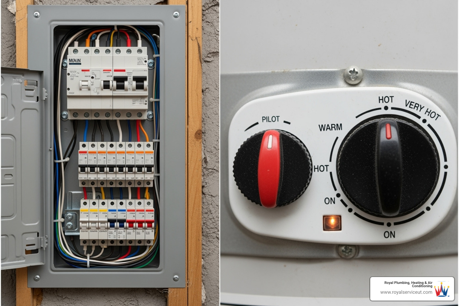 Circuit breaker panel and a gas water heater's pilot knob - water heater flush