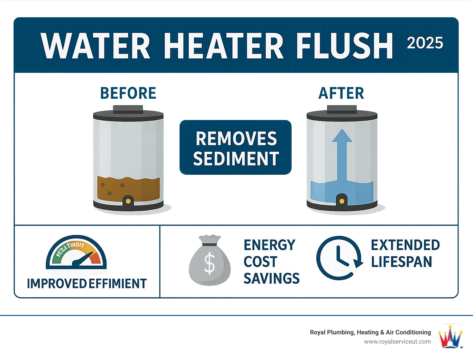 Infographic showing the water heater flushing process with before and after comparisons, including sediment removal, improved efficiency ratings, energy cost savings, and extended lifespan benefits - water heater flush infographic 