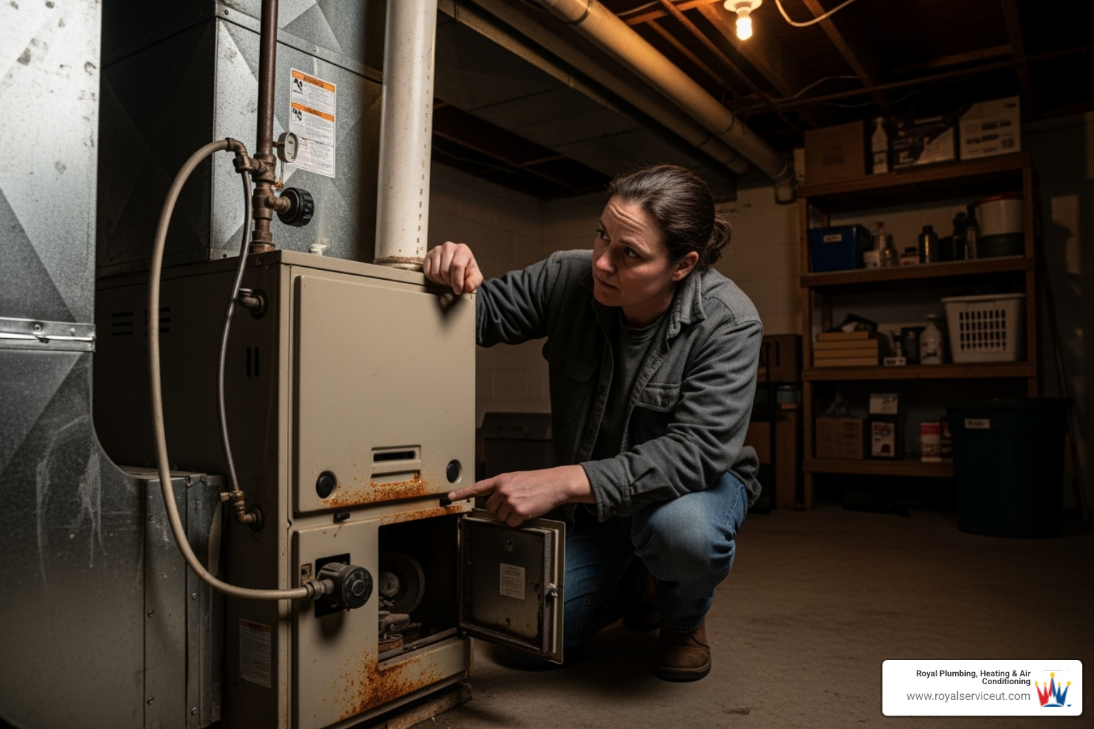 Homeowner looking at an old furnace thoughtfully - furnace repair salt lake city ut