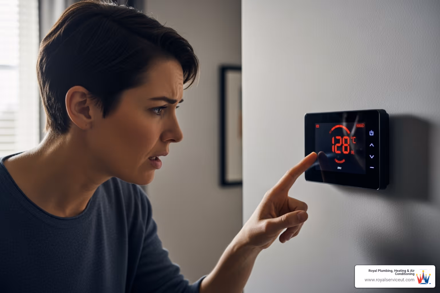 homeowner looking concerned at their thermostat - air conditioning service salt lake city ut