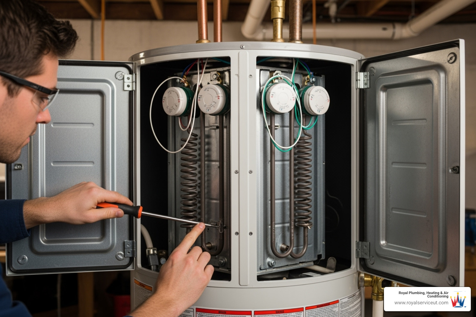 A technician opening the access panels on an electric water heater to reveal the heating elements and thermostats - no hot water
