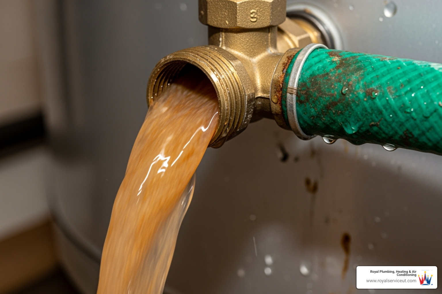 Sediment being flushed from a water heater tank during routine maintenance - no hot water