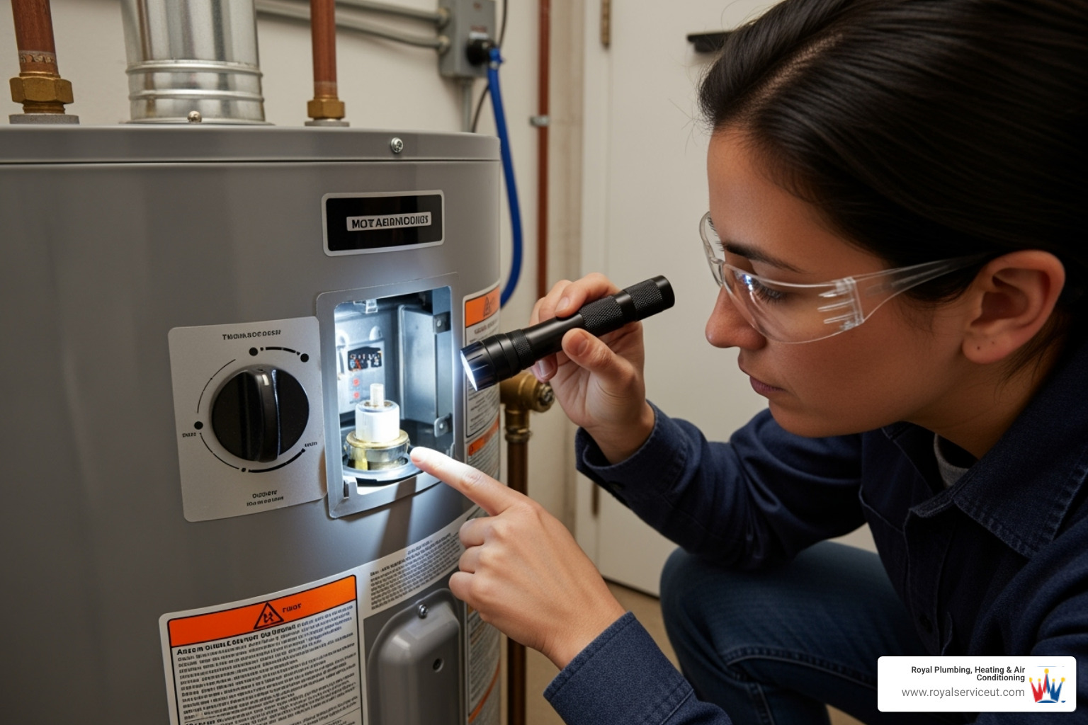 A person safely looking at the pilot light assembly of a gas water heater, with safety in mind - no hot water