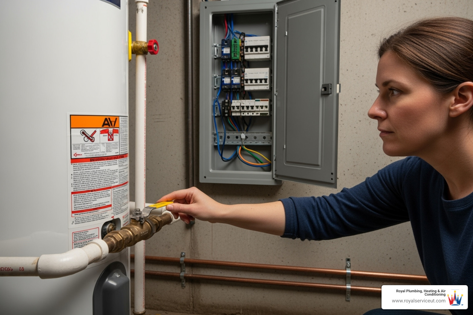 A homeowner safely checking a gas shut-off valve and a circuit breaker panel for power supply issues - no hot water